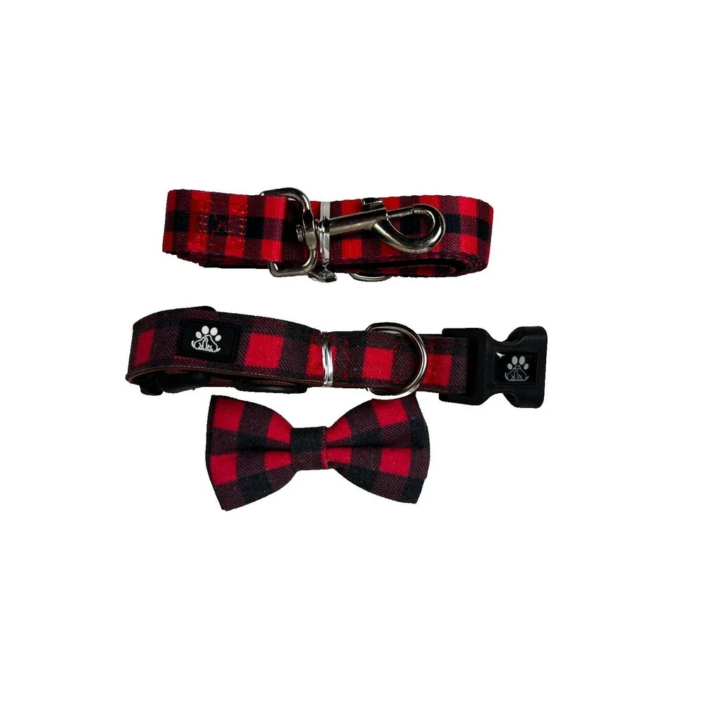 FURRYFECTION 3-Pc Dog Collar Leash Bow Tie Set Red Buffalo Plaid Checkered